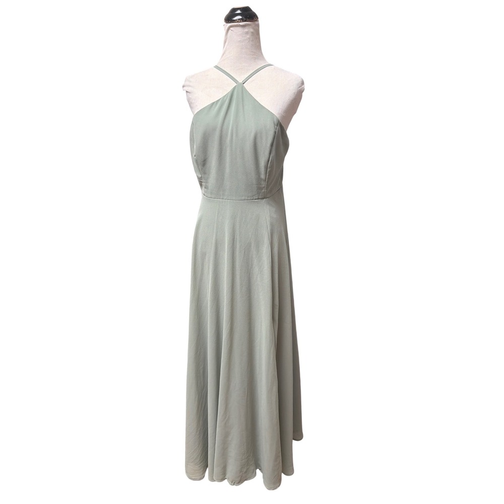 Lulus Sage Green Chiffon Halter Maxi Dress Side Slit Gown Size M - Picture 2 of 8